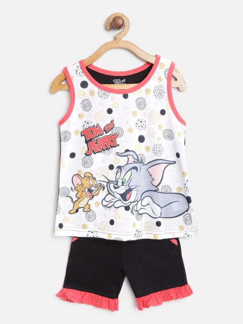 

Eteenz Girls Off-White & Black Pure Cotton Tom & Jerry Printed T-shirt with Shorts