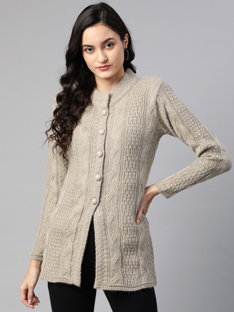 

Cayman Women Beige Self Design Woollen Longline Cardigan