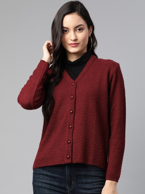 

Cayman Women Maroon Self Design Woollen Cardigan