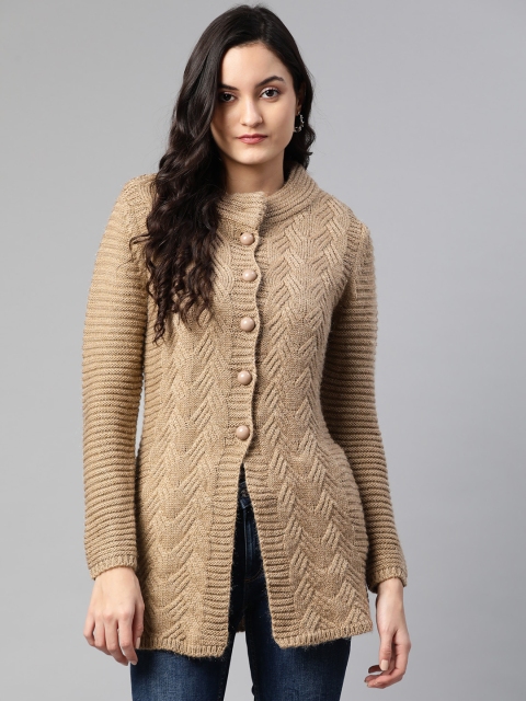 

Cayman Women Brown Woollen Cable Knit Longline Cardigan Sweater
