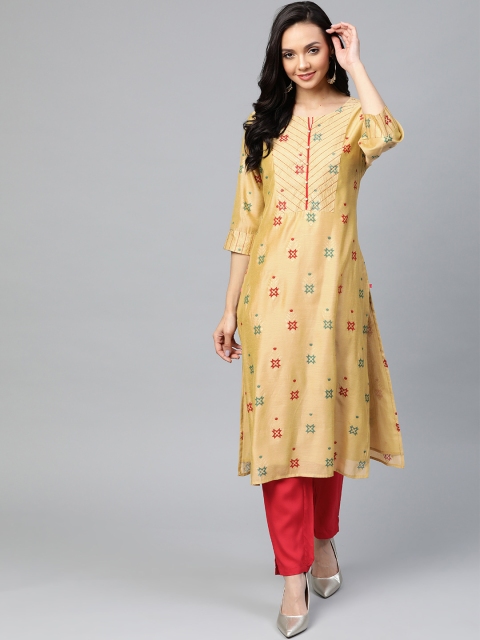 

Shree Women Beige & Red Printed Kurta with Trousers