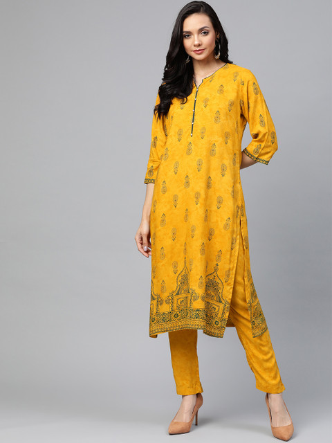 

Shree Women Mustard Yellow & Green Printed Kurta with Trousers