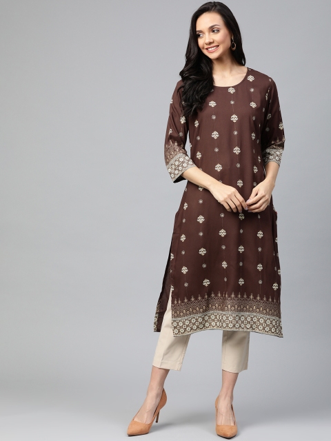 

Shree Women Coffee Brown & Cream-Coloured Printed Straight Kurta