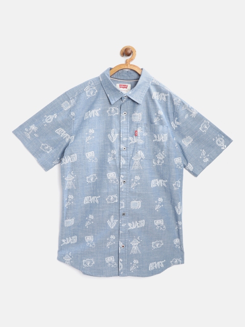 

Levis Boys Blue & White Regular Fit Pure Cotton Quirky Print Chambray Casual Shirt