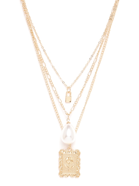 

20Dresses Women Gold-Toned & White Beaded Layered Necklace with Carved Rose Detail