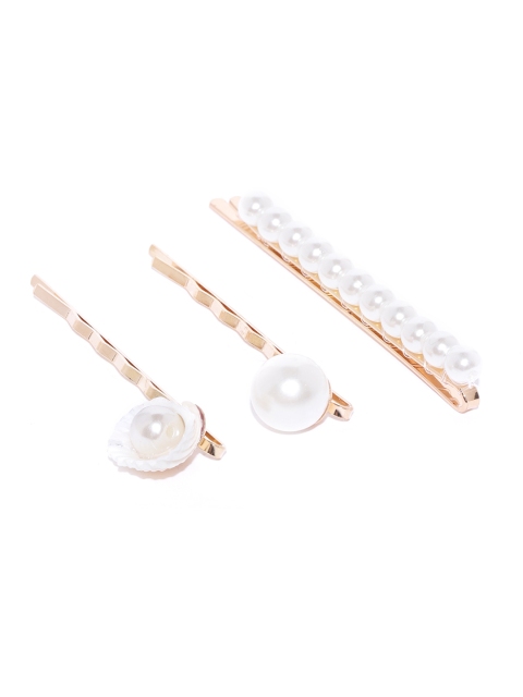 

20Dresses Women Set of 3 Off-White & Gold-Toned Beaded Bobby Pins