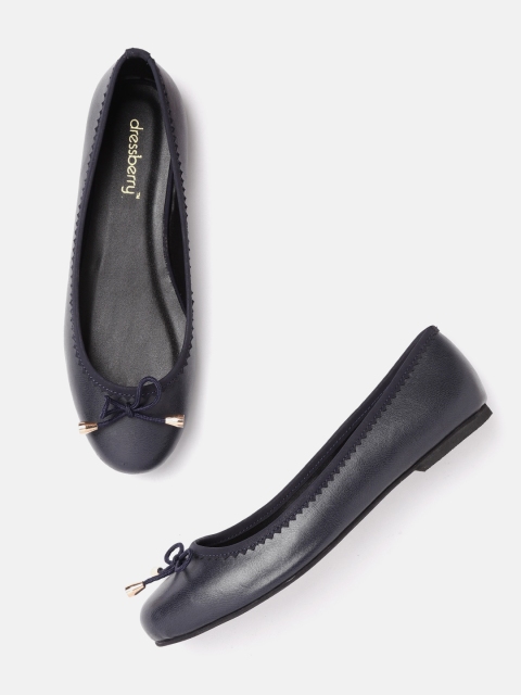 

DressBerry Women Navy Blue Solid Ballerinas with Bow Detail