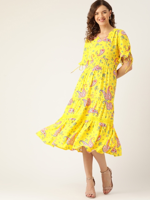 

DressBerry Yellow & Blue Ethnic Motifs A-Line Midi Dress