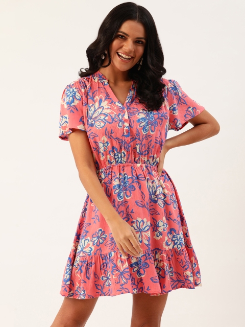 

DressBerry Women Pink & Blue Floral Printed A-Line Dress