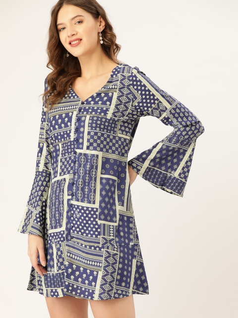 

DressBerry Blue & Beige Geometric Printed A-Line Mini Dress