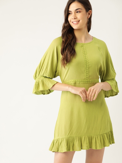 

DressBerry Fluorescent Green Solid Statement Sleeves A-Line Dress