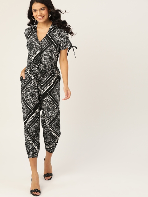 

DressBerry Women Black & White Bandana Print Capri Jumpsuit with Tie-Ups