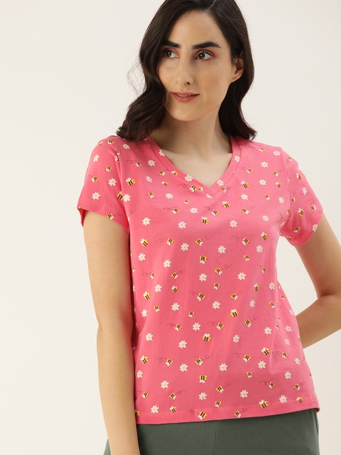 

DressBerry Women Pink Floral Printed V-Neck T-shirt