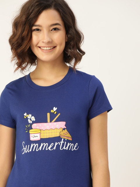 

DressBerry Women Navy Blue & White Pure Cotton Printed Lounge T-shirt