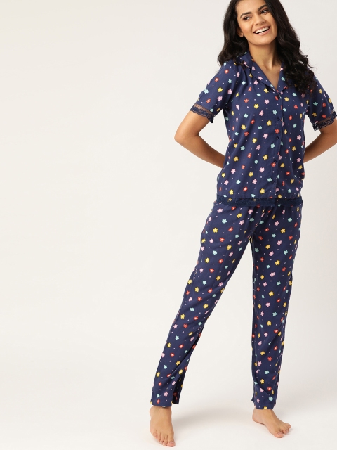 

DressBerry Women Navy Blue & Red Printed Night suit
