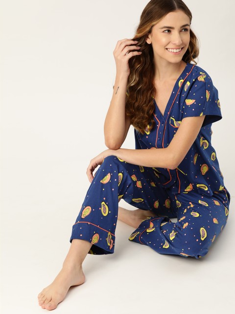 

DressBerry Women Blue & Yellow Pure Cotton Papaya Print Pyjama Set
