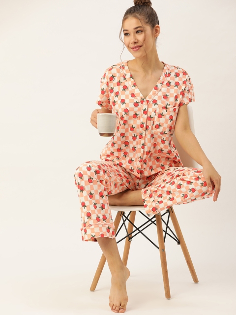 

DressBerry Women Peach-Coloured & White Pure Cotton Printed Pyjama Set