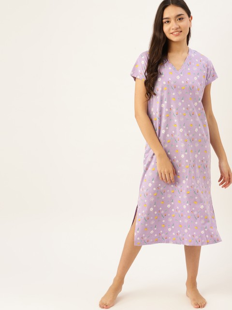 

DressBerry Women Lavender & White Printed Pure Cotton Nightdress