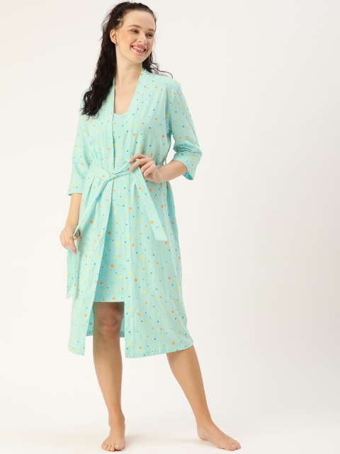 

DressBerry Women Green & Orange Printed Pure Cotton Nightdress with Robe