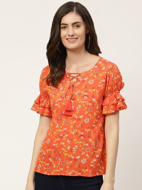 

DressBerry Orange & Off White Floral Tie-Up Neck Regular Top