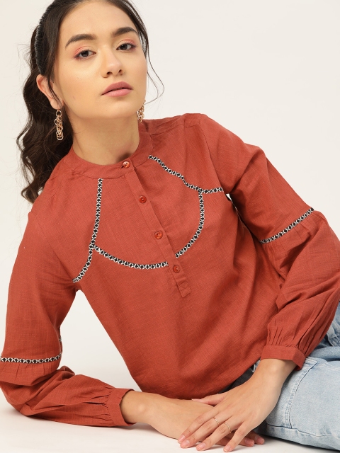 

DressBerry Rust Red Solid Cotton Embroidered Mandarin Collar Regular Top