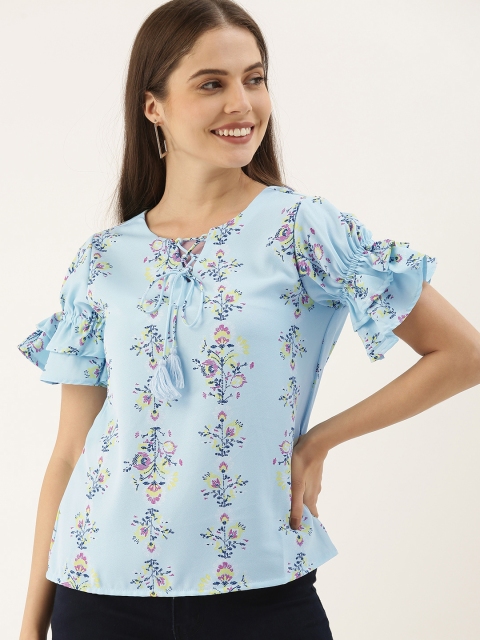 

DressBerry Blue Floral Bell Sleeve Regular Top