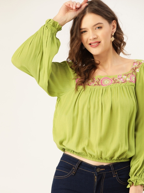 

DressBerry Green Puff Sleeve Blouson Top