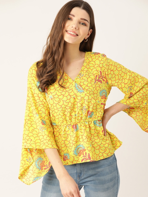 

DressBerry Women Yellow & Pink Printed Flared Sleeves Wrap Top