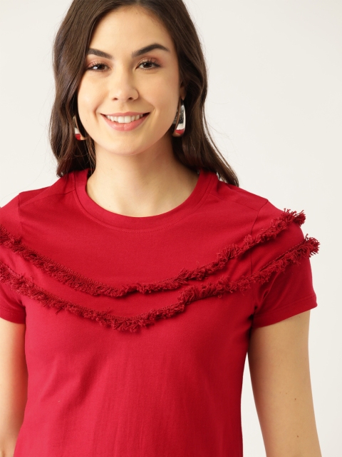 

DressBerry Women Red Pure Cotton Solid Fringed T-shirt