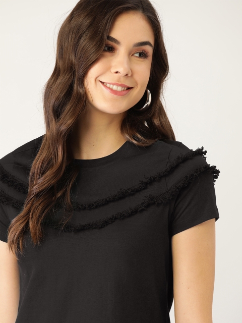 

DressBerry Women Black Pure Cotton Solid Fringed T-shirt
