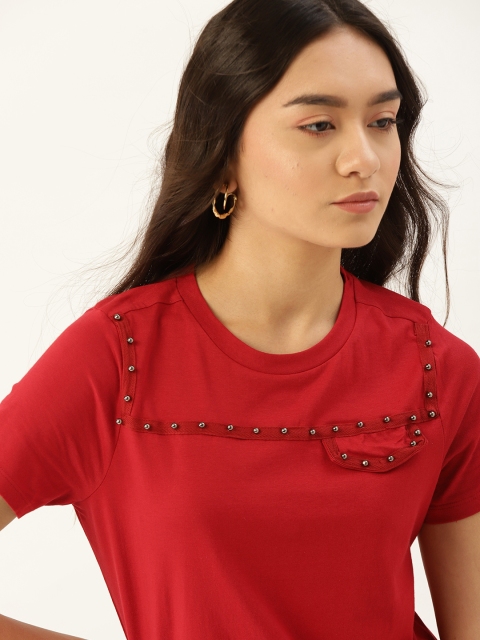 

DressBerry Women Red Pure Cotton Embellished Detail Pure Cotton T-shirt