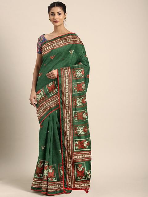 

KALINI Green & Orange Printed Saree with Mirror Work