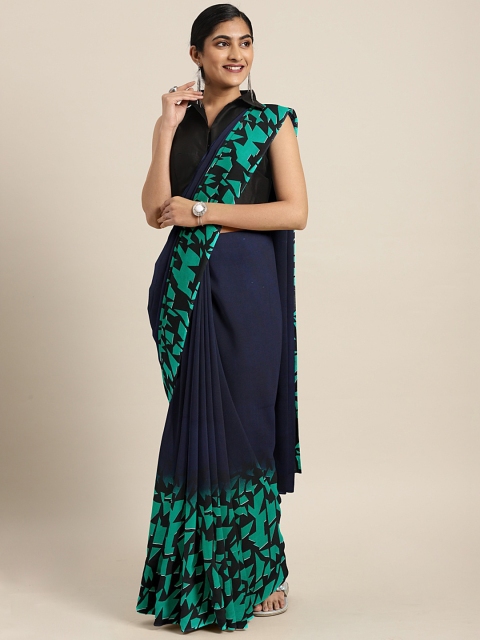 

KALINI Navy Blue & Green Pure Georgette Solid Saree