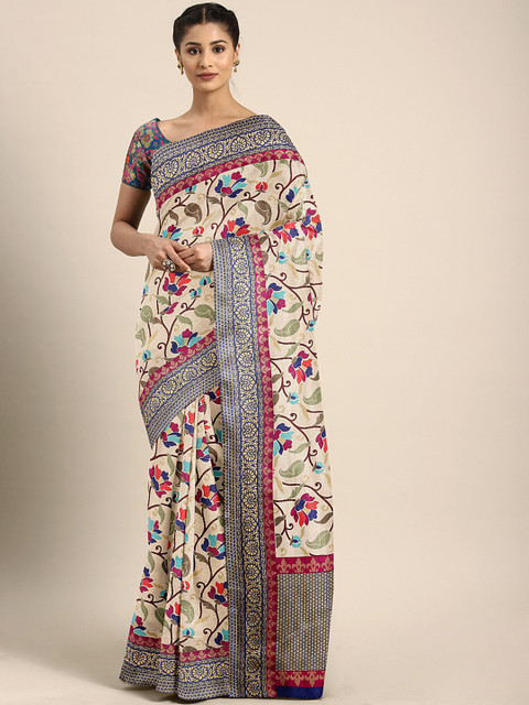 

KALINI Cream-Coloured Floral Printed Khadi Saree