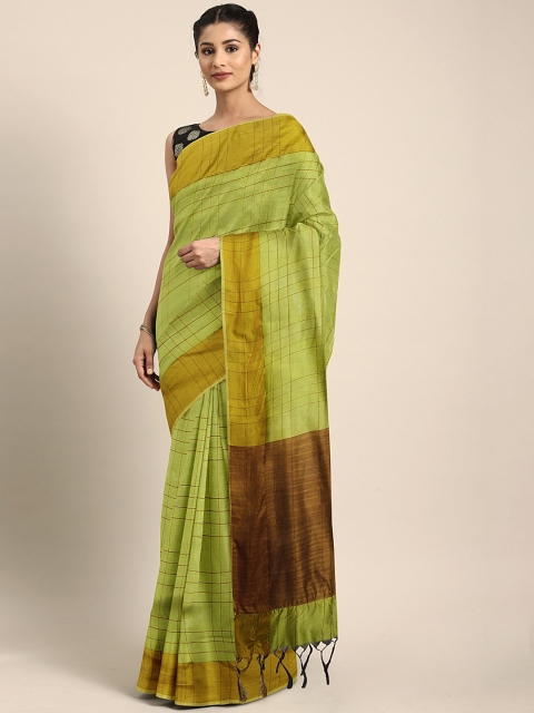 

KALINI Lime Green & Brown Art Silk Checked Saree