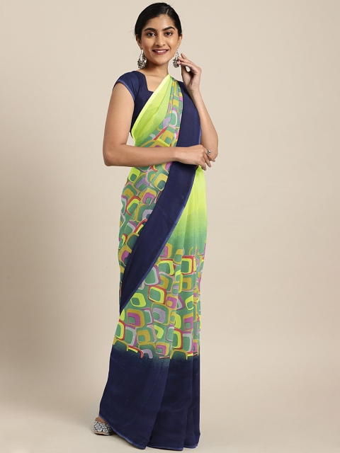 

KALINI Fluorescent Green & Navy Blue Pure Georgette Printed Saree
