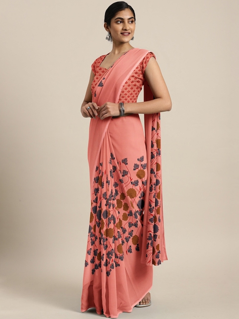 

KALINI Peach-Coloured & Navy Blue Pure Georgette Floral Printed Saree