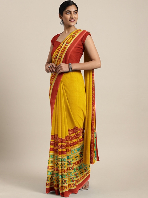 

KALINI Yellow & Red Pure Georgette Woven Design Saree