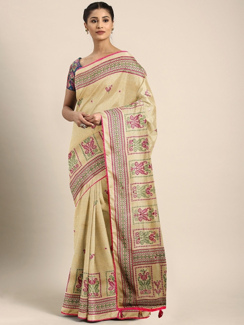 

KALINI Cream-Coloured & Pink Printed Saree with Mirror Work