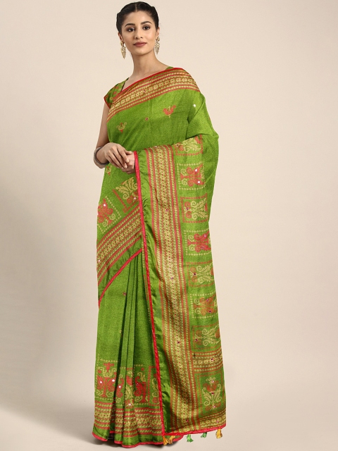

KALINI Lime Green & Red Embroidered Bandhani Saree