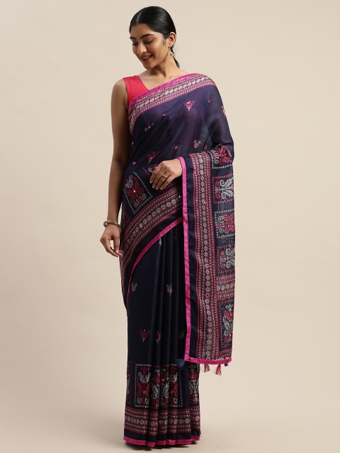 

KALINI Navy Blue & Beige Printed Bandhani Saree With Mirror Work