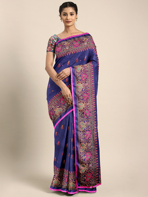 

KALINI Blue & Red Embroidered Bandhani Saree