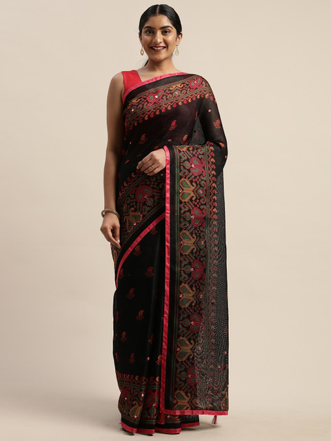 

KALINI Black & Pink Printed Bandhani Saree With Mirror Work