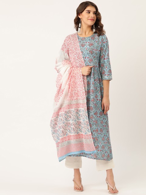

Maaesa Women Blue & Pink Printed Kurta with Trousers & Dupatta