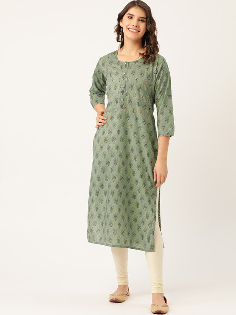 

Maaesa Women Green & Blue Cotton Printed Straight Kurta