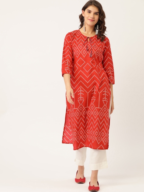 

Maaesa Women Red & White Bandhani Printed Straight Kurta