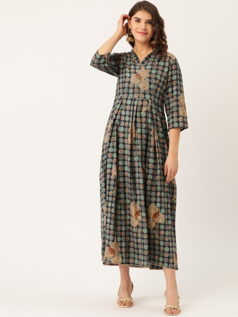

Maaesa Women Blue & Beige Printed Handwork Maxi Dress