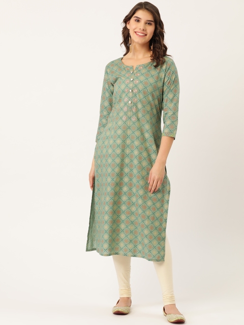 

Maaesa Women Green & Golden Cotton Button Detail Printed Straight Kurta