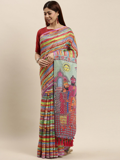 

VASTRANAND Multicoloured Striped Ikat Saree, Multi