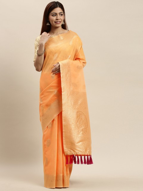 

VASTRANAND Orange & Gold-Toned Cotton Blend Woven Design Saree